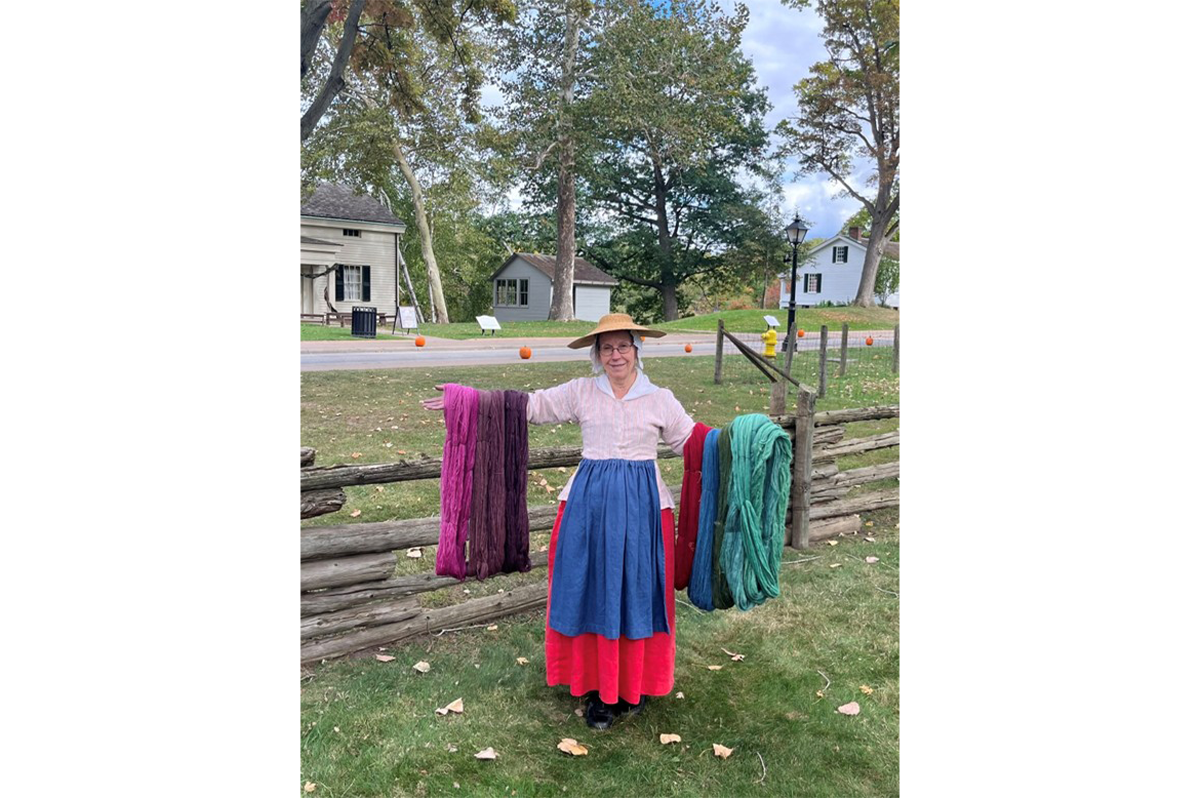 Master Presenter Debra Kirby, Dyes from Left to Right: Brazilwood, Logwood, Cochineal, Indigo, Indigo overdye with Osage Orange and Coreopsis
