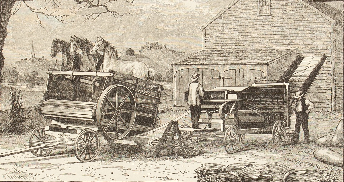Illustration of three horses in a closed wagon on a treadmill that is hooked up to a piece of agricultural equipment being tended by two men with a barn and landscape in the background