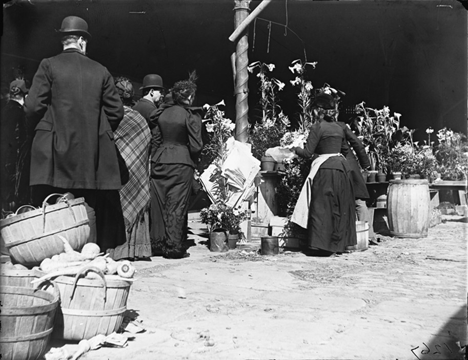 Men and women crowd around tables displaying potted lilies and cut flowers in an open-air market