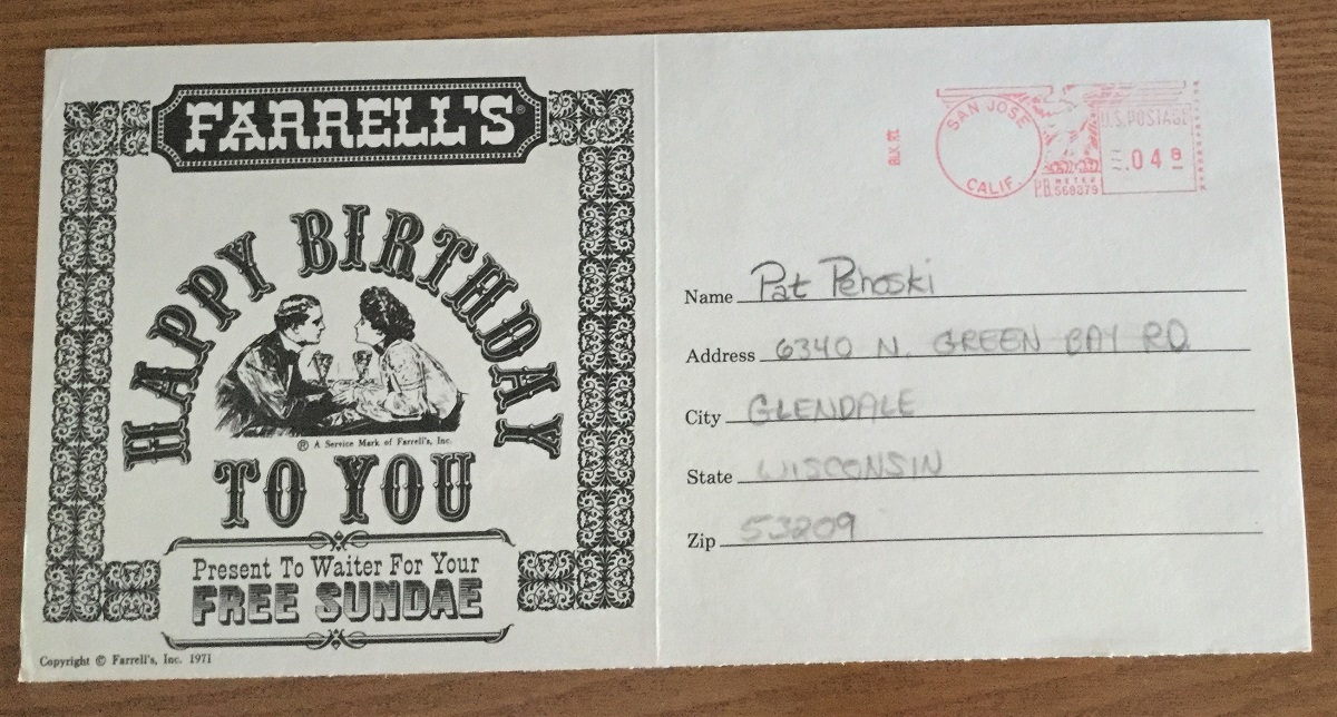 Farrell's birthday card, good for a free sundae Card with Victorian man and woman holding hands at a table; also contains text, address, and postal cancellation