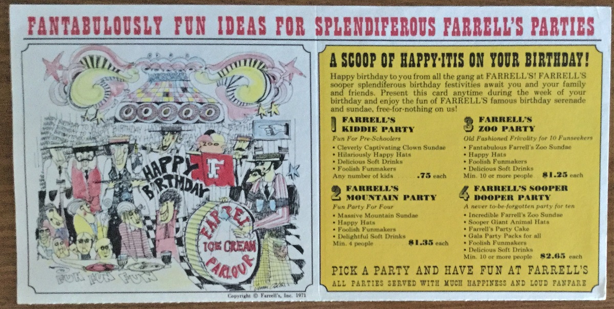 Farrell's parties Card with drawing of stylized people on left side; text about different types of parties on the right side