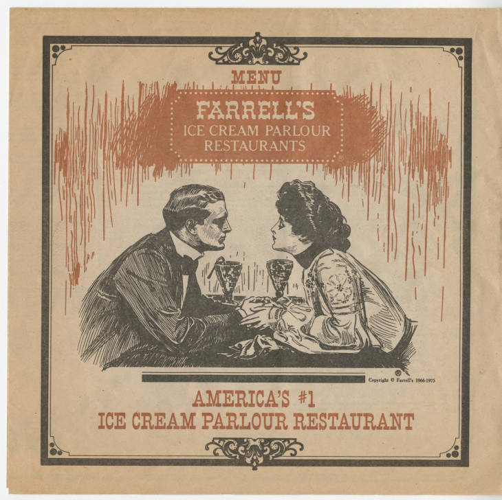 Farrell’s Ice Cream Parlor Menu, circa 1971 Sheet with image of Victorian man and woman holding hands at a table; also contains text