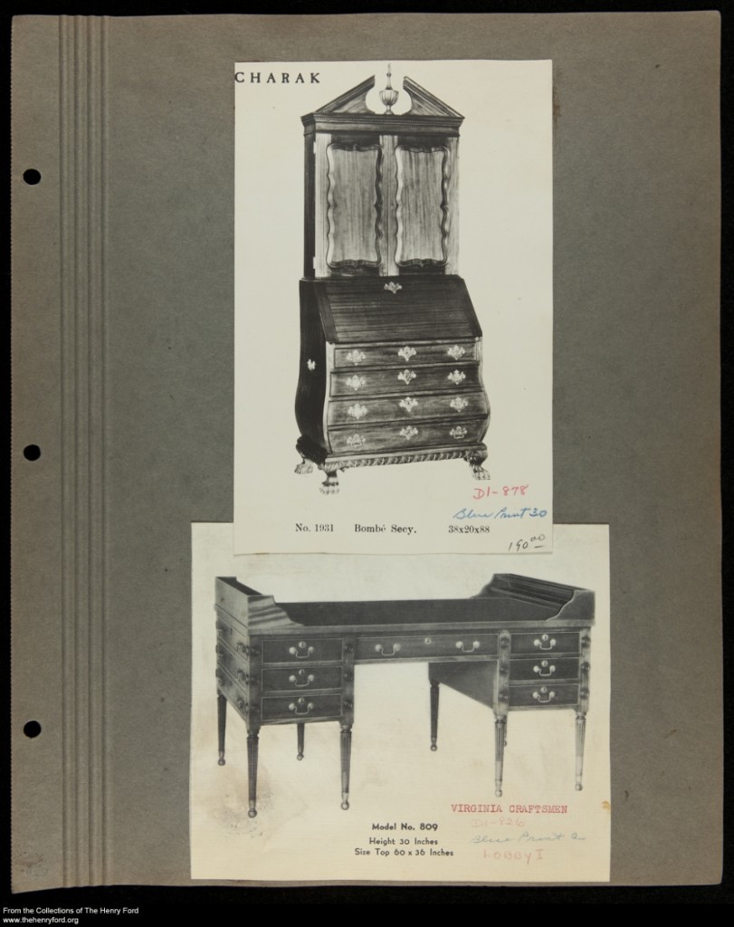 Left (THF 229201), antique reproduction partners desk and bombé secretary. Several of the partners desks are still in the lobby. width=