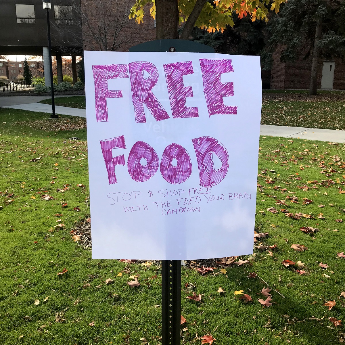 "Free Food" sign Handmade sign reading "Free Food: Stop & Shop Free with the Feed Your Brain Campaign" posted in a grassy area with buildings behind it