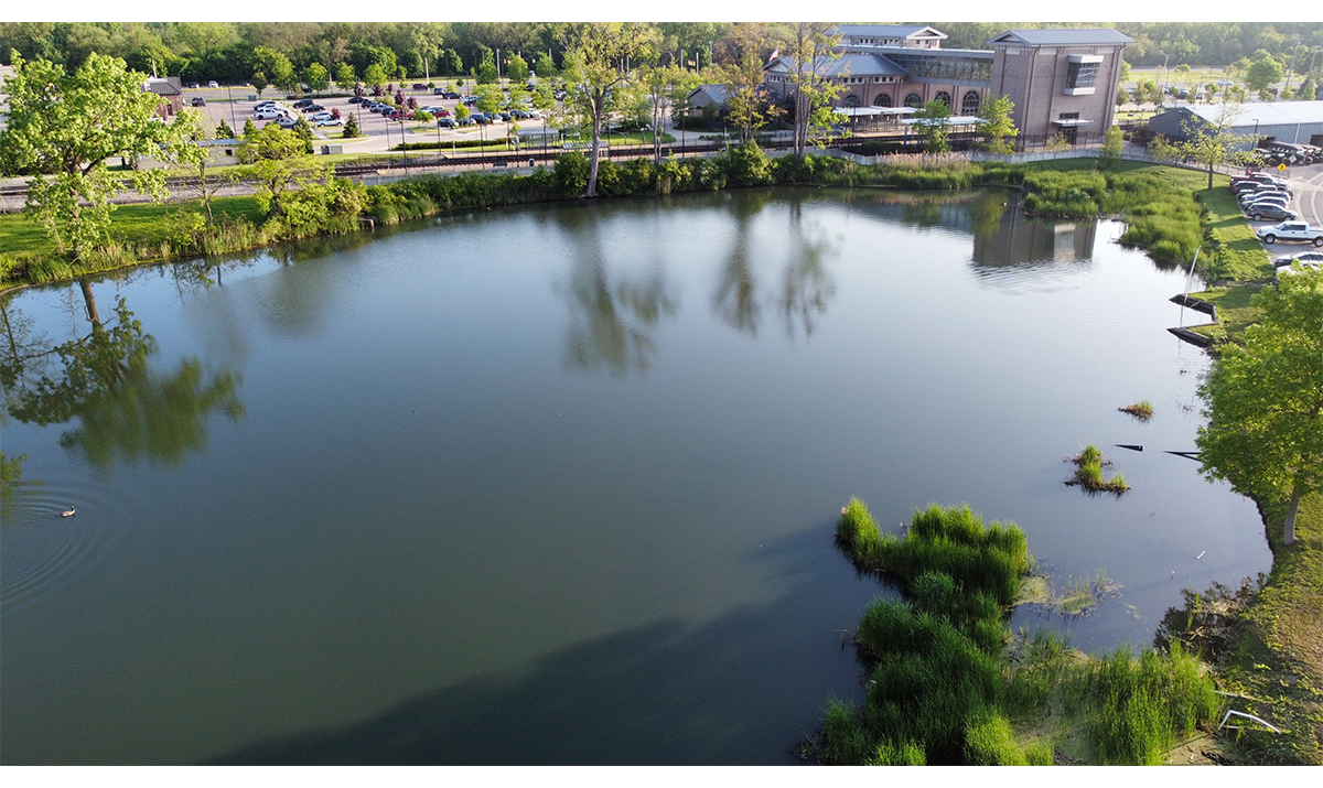 Pond located north of the Henry Ford Museum of American Innovation and southeast of the Dearborn Transit Center (upper right). / Drone photograph courtesy of Bart Fraley.