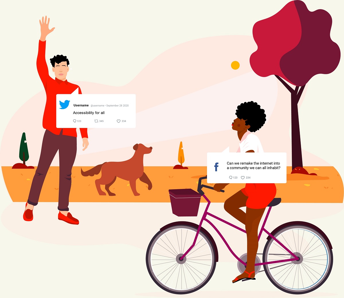 Man with dog waves to woman on bike; both have social post-like "speech bubbles" containing text
