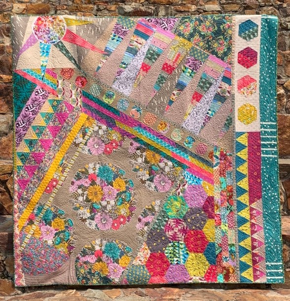 Group Improv, Kristin Barrus & Sew Night Friends, 2018. Multi-colored quilt with complex design