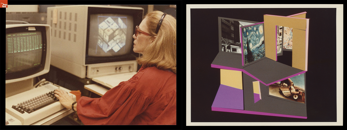 lillian-computer A woman sitting at a computer and an artistic digital rendering of an office