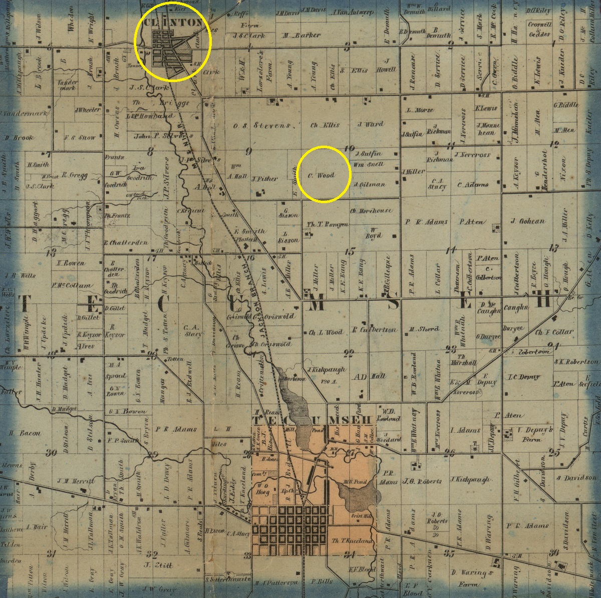 Map labelled TECUMSEH with two yellow circles, one around a plot labeled "C. Wood" and the other around an area labeled "Clinton"