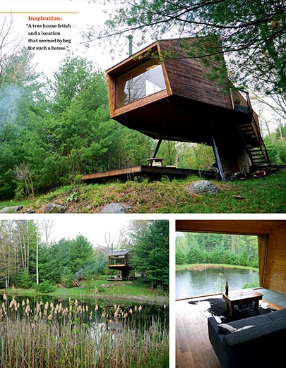 Three images of interior and exterior of an elevated wooden "tiny house" by a pond and among trees