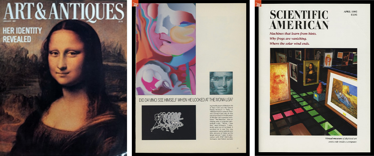 mona-leo-covers Three magazine pages featuring Mona Lisa and digital art