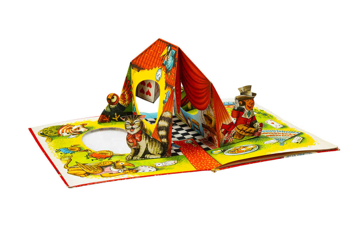 Open the book and discover this colorful pop-up filled with delightful illustrations depicting characters and images from Alice in Wonderland looming over the page. /