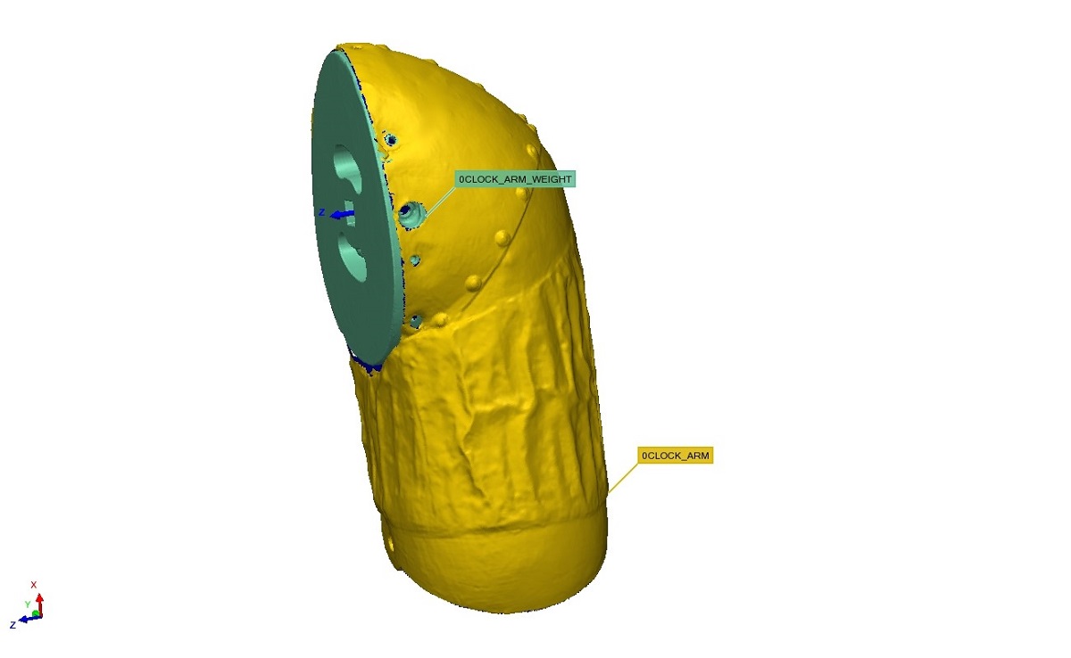 3D rendering Yellow shape with blue end and portions labeled with text
