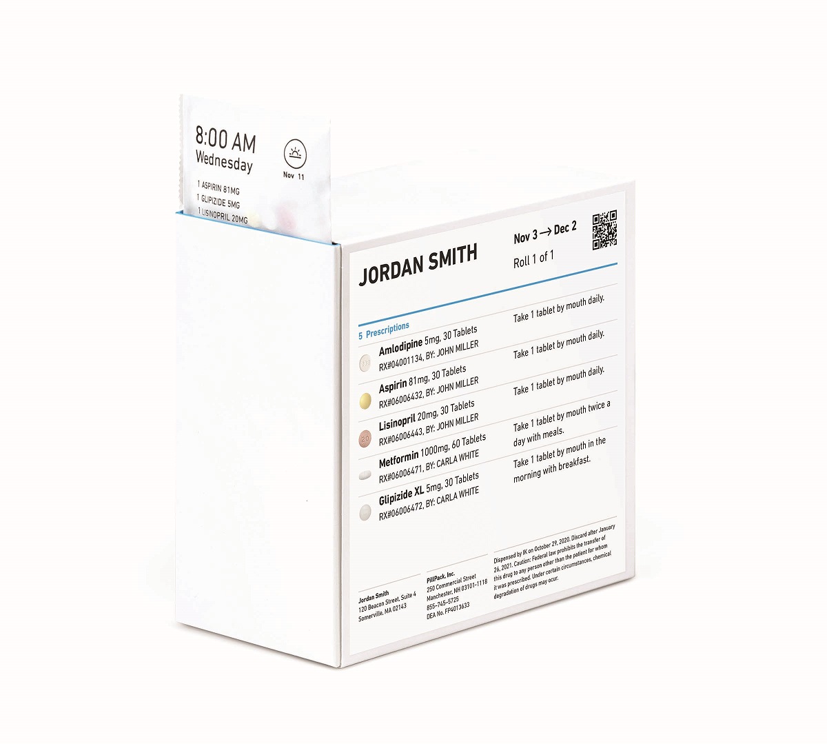 Pillpack White box with text label on side and labeled packet extending from top