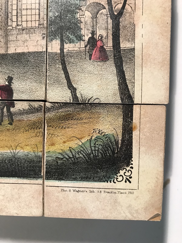 Corner of blocks with image and text at lower right corner