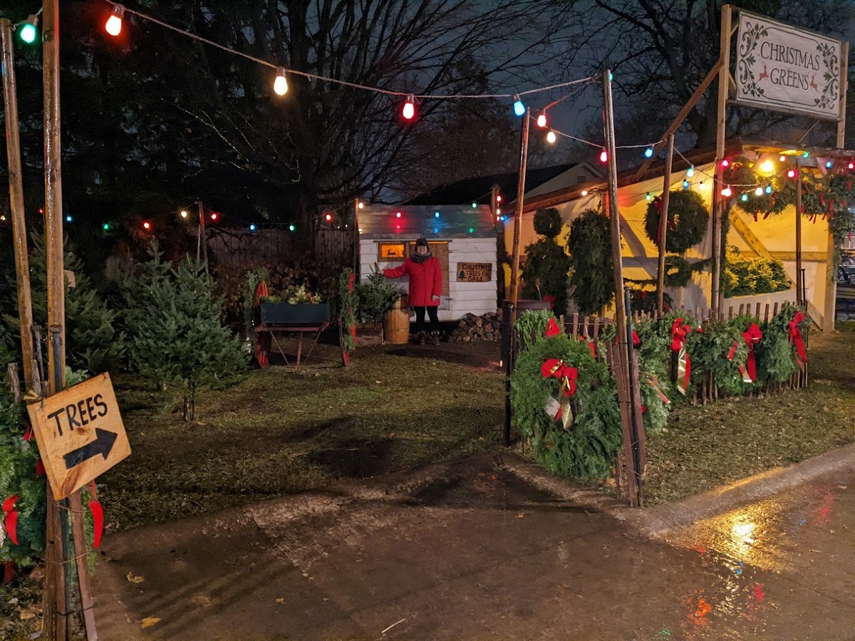 Lot with small shelter with person by it, displaying evergreen Christmas trees and wreaths