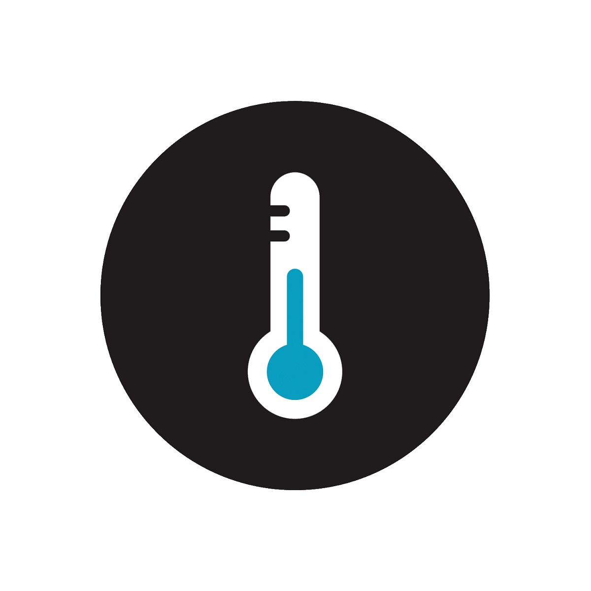 Circular graphic with white and blue thermometer on black background