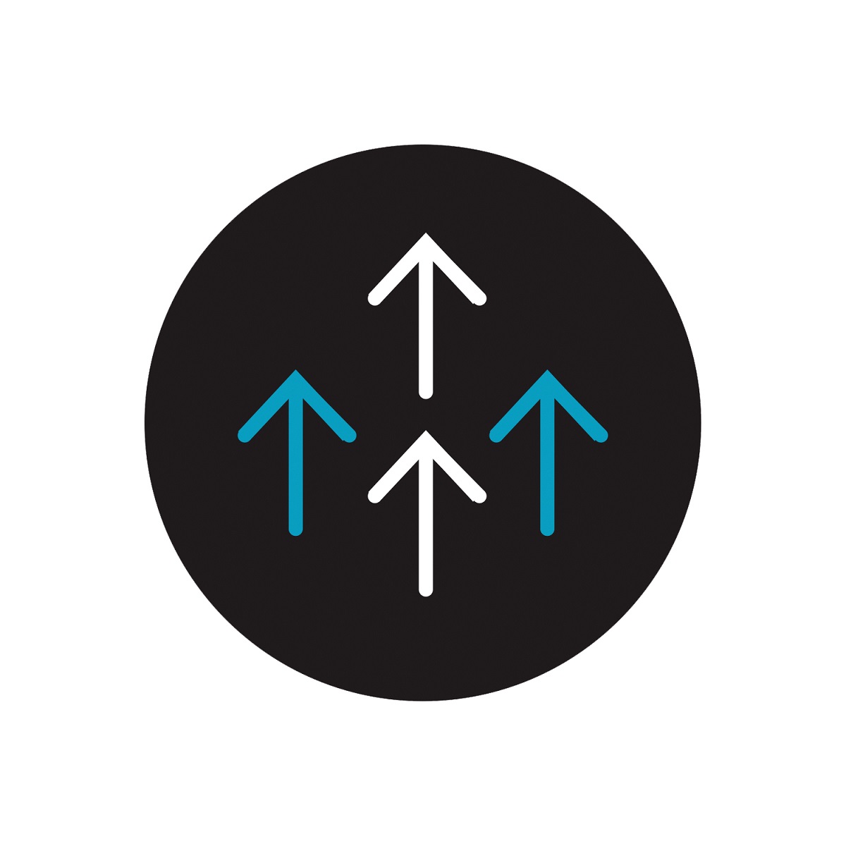 Circular graphic with two blue and two white arrows on a black background