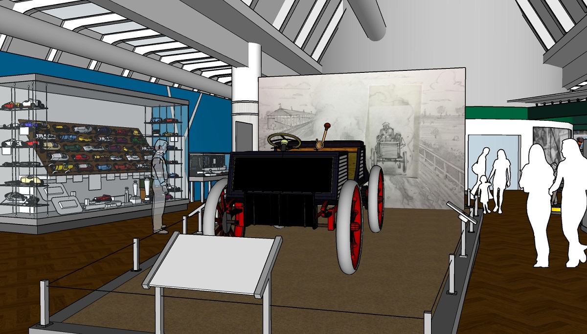 Rendering of car on ramp with toy cars nearby and images and outlines of people nearby