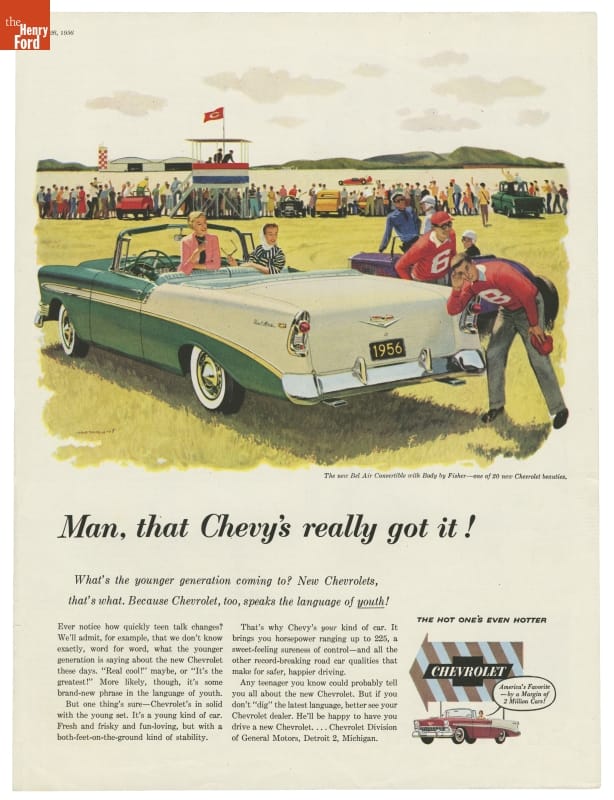1956 Chevrolet Bel Air Advertisement, "Man, that Chevy's Really Got It!" Advertisement with text and image of green and white convertible car with people in and around it while a salt flats car race (?) is watched by a crowd in the background