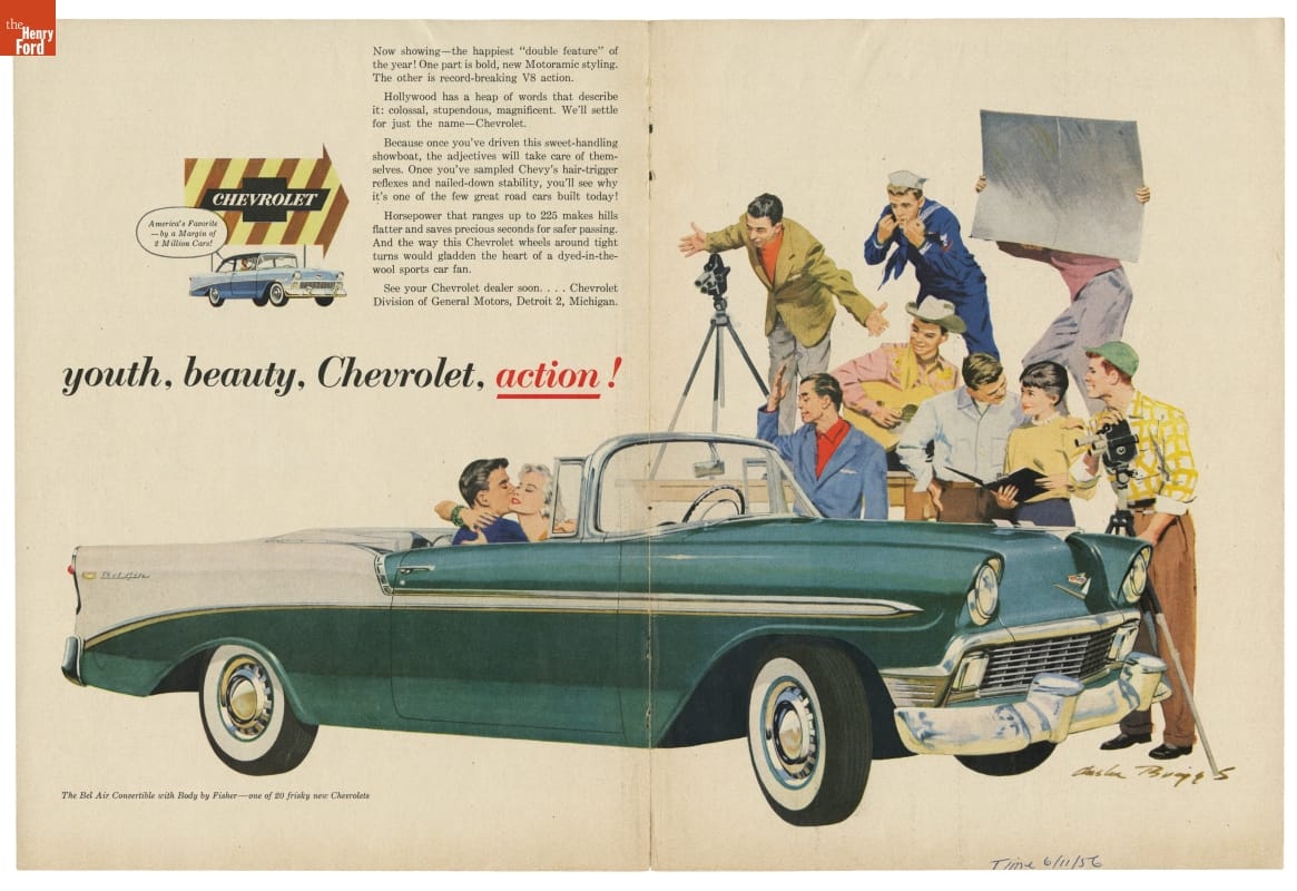 1956 Chevrolet Bel Air Advertisement, "Youth, Beauty, Chevrolet, Action!" Two-page spread with text and image of movie production filming a couple embracing in a green and white convertible car