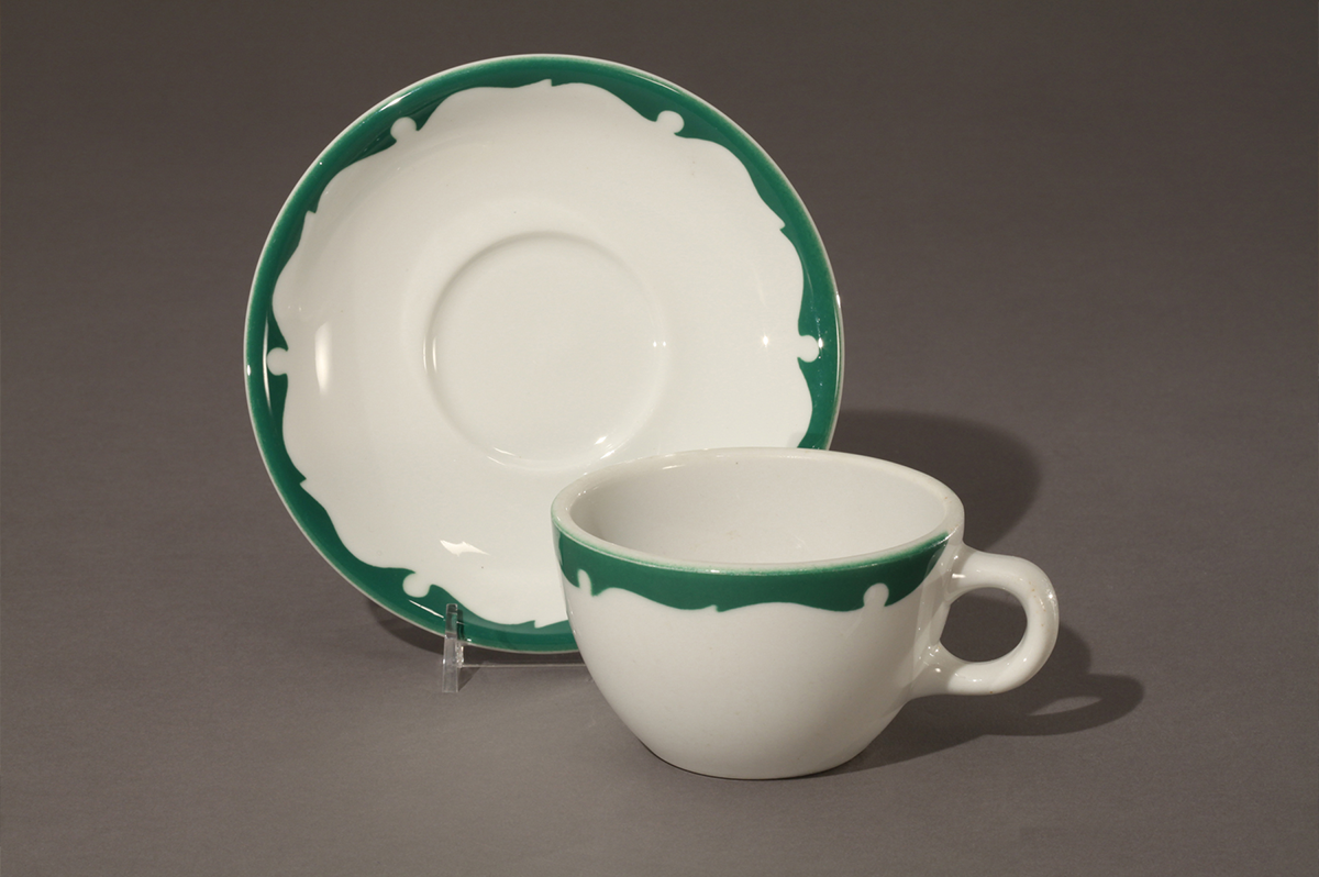 Shenango China Co.’s Everglade pattern on a cup and saucer, 1961 