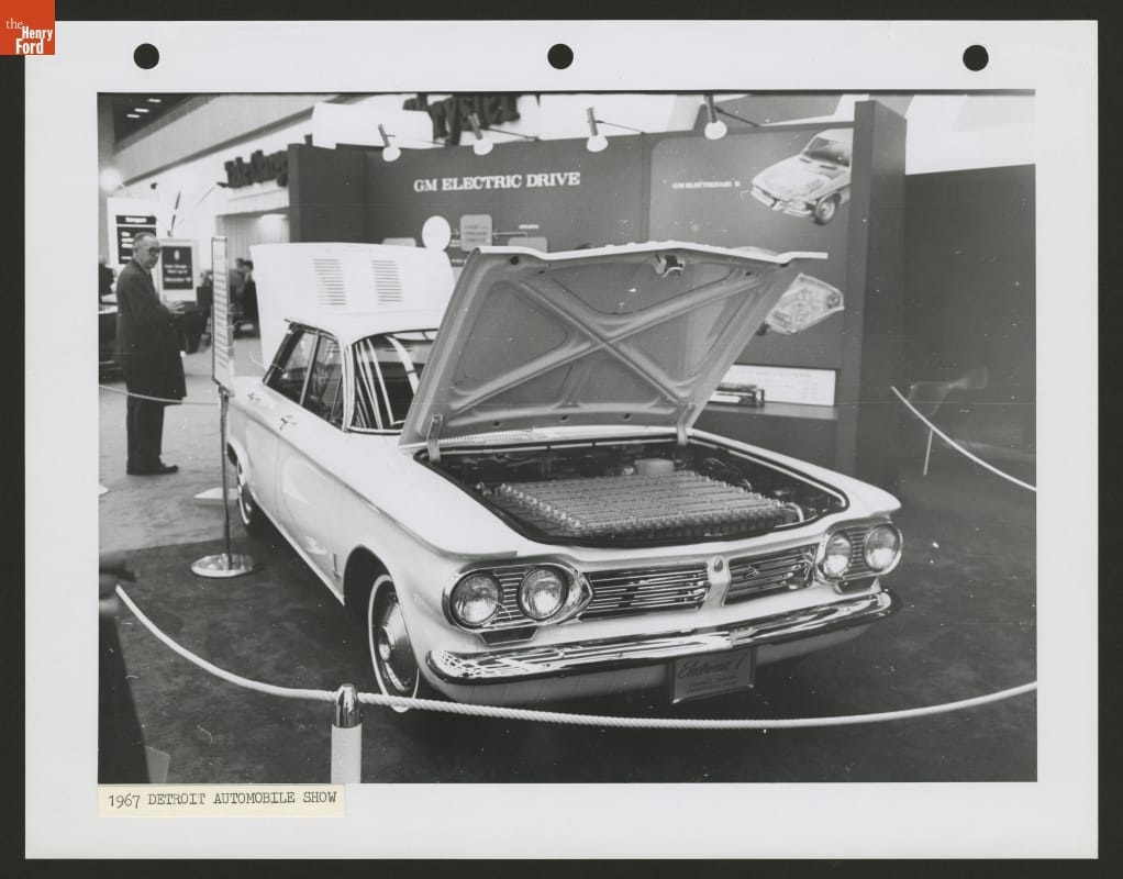 Electric Corvair at Detroit Automobile Show, 1967 Car in display with hood and trunk open