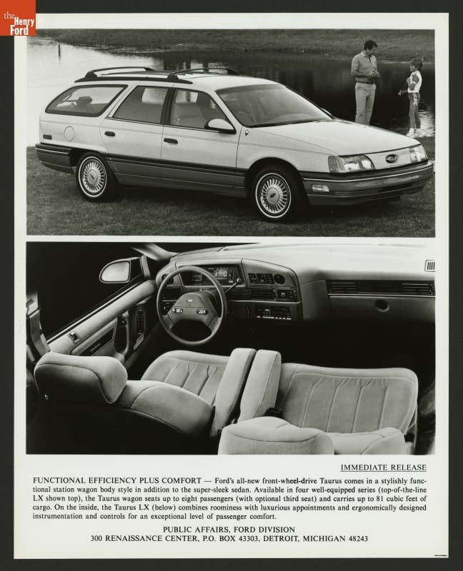 Page with text and two black-and-white photos: top showing a rounded station wagon parked by a pond with two people nearby, and the bottom showing the front seats and front dash of a car from above