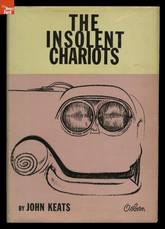 "The Insolent Chariots," 1958 Pink and white book cover with text and image of part of car bumper