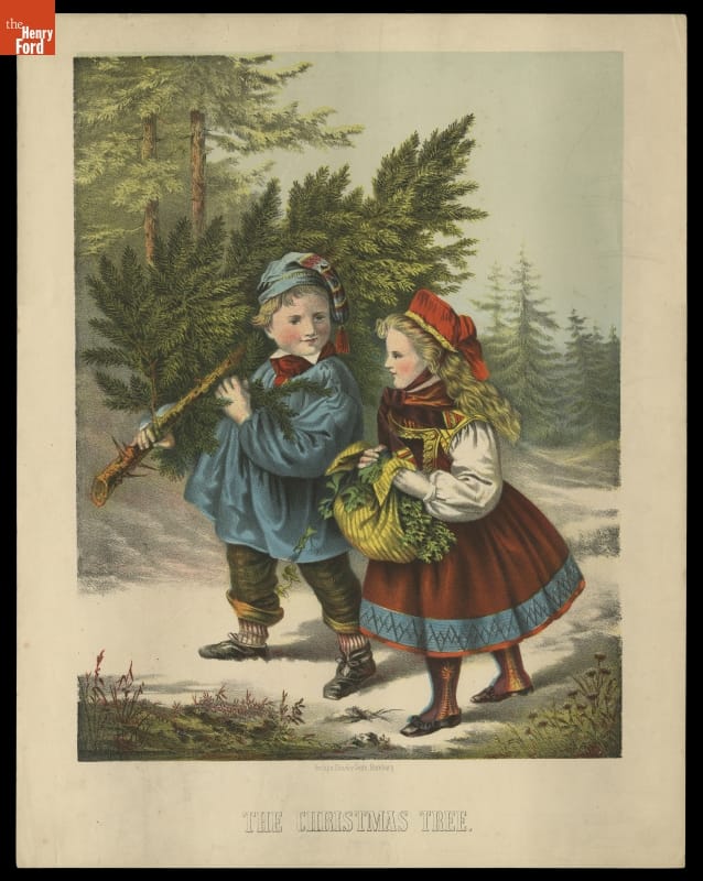 Snowy woods with young boy carrying evergreen tree and young girl carrying a bundle of greenery