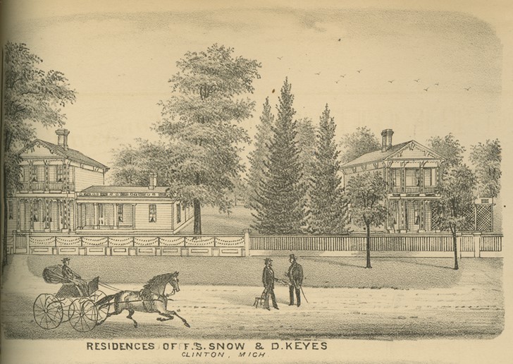 Print of two large houses next to each other, with a street running in front with a horse and carriage on it and two men talking