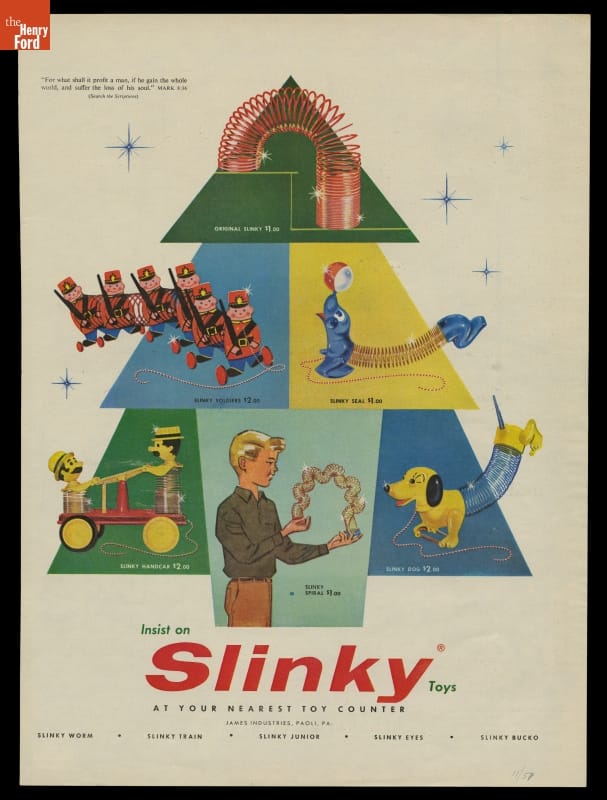 Advertisement with tree shape containing blocks of color, each with various Slinky-based toy images and text