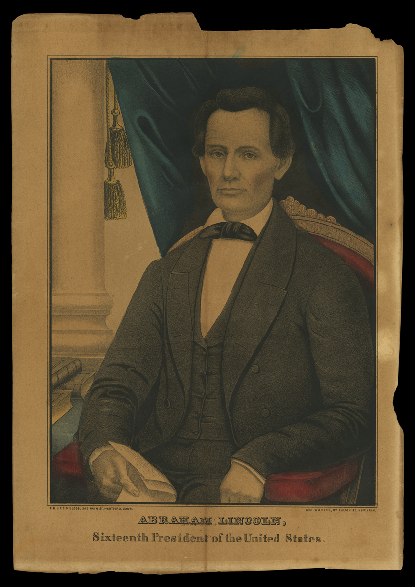 Print, Abraham Lincoln, 1861 Man in suit sits in chair in front of blue curtain; also contains text