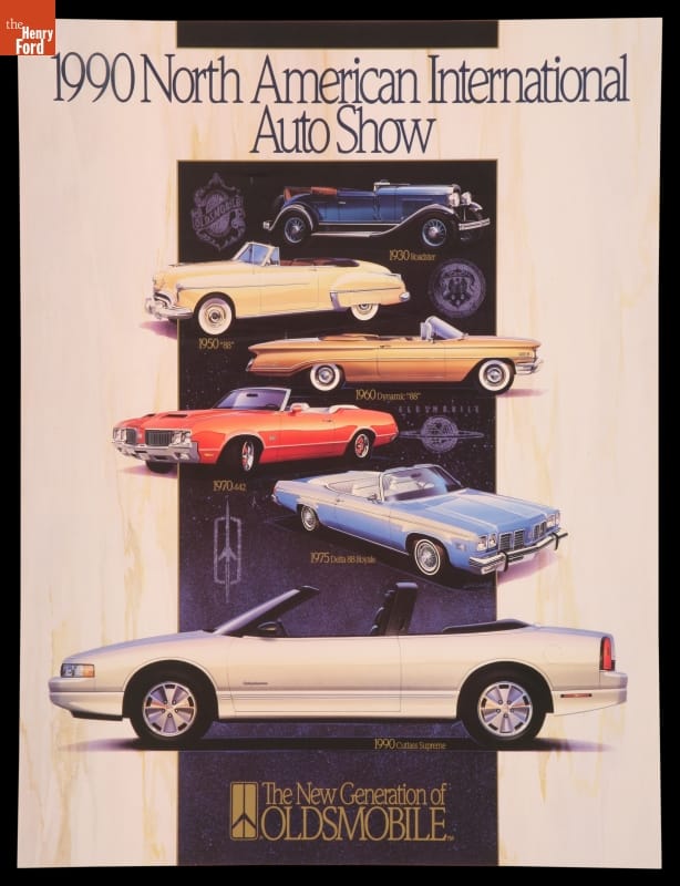 Advertising Poster, "1990 North American International Auto Show" Several images of cars on a black band on a white background; contains text