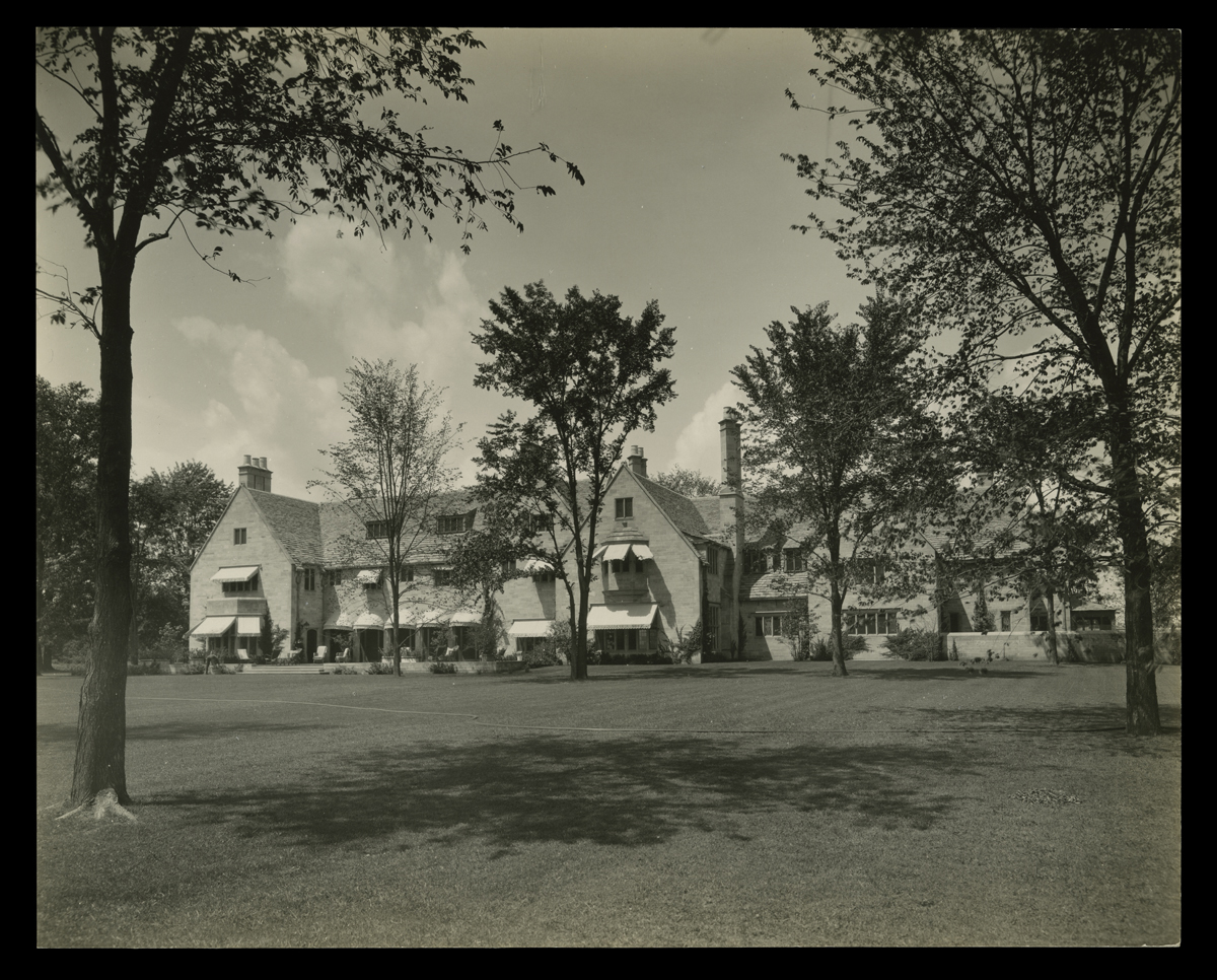 Gaukler Pointe, Home of Eleanor and Edsel Ford, Grosse Pointe Shores, Michigan, circa 1930 Large building, seen across lawn containing trees