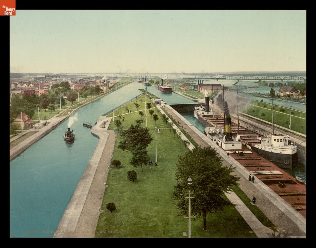 Photochrom Print, "The Locks, Sault Ste. Marie, Michigan," 1905 Large ships travel through narrow canals with locks