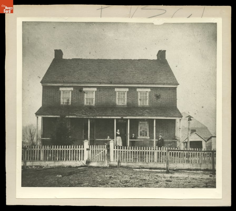thf115221 Firestone Farmhouse at Its Original Site, Columbiana County, Ohio, circa 1876, Robert, Harvey and Elmer with Grandmother Sally Anne Firestone