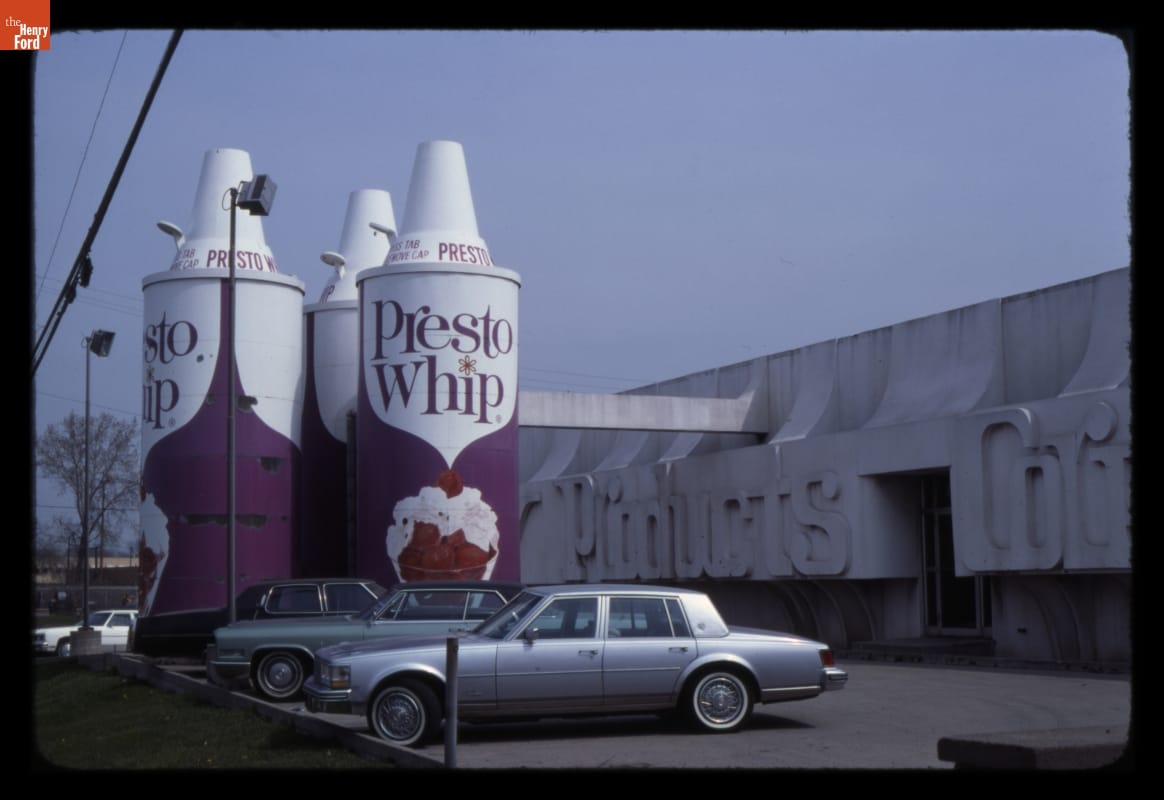 Presto Whip Building, Dearborn, Michigan, 1976 Building, parking lot, and something formed to look like three giantic cans of