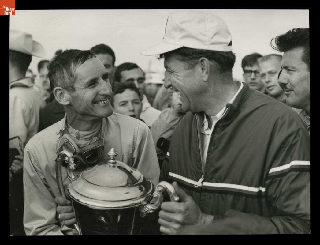 Ken Miles & Carroll Shelby after Miles' victory at the 1964 Bridgehampton 500 race.
