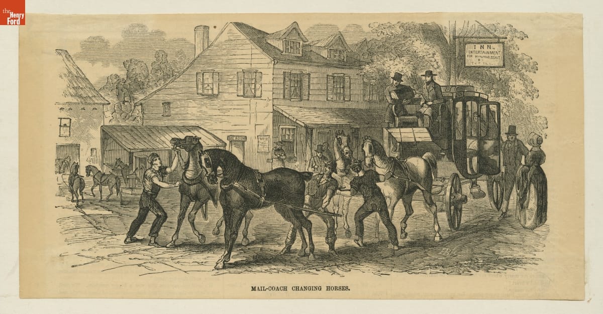 Engraving of men holding the harnesses of horses in front of a carriage, with buildings in the background and other horses and people around