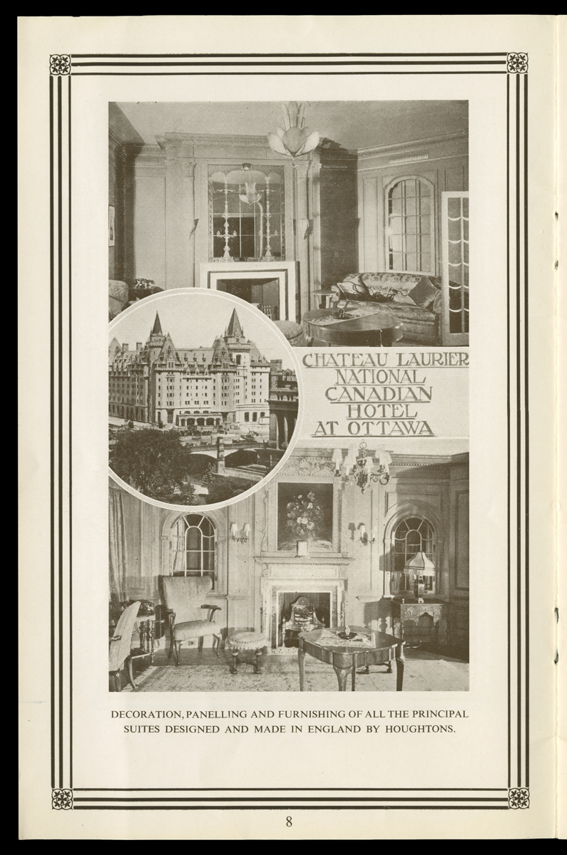 Houghton Studio Catalog, "Houghtons...Design & Manufacture of Decoration, Furniture, Etc.," 1925-1928 / page 8 Page with text and three images: Two showing room interiors and one in a round inset showing the exterior of a building