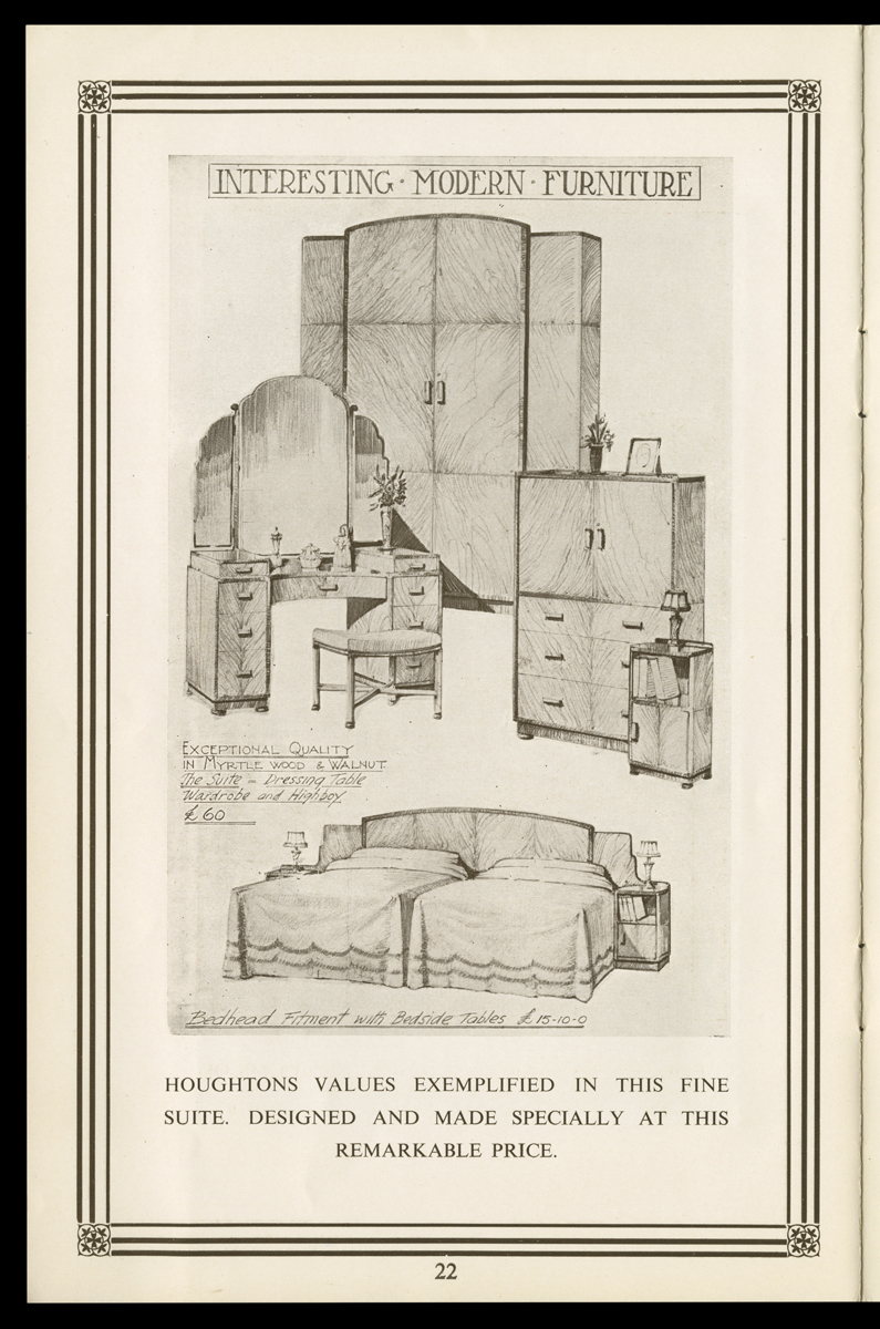 Houghton Studio Catalog, "Houghtons...Design & Manufacture of Decoration, Furniture, Etc.," 1925-1928 / page 22 Page with text and drawings of furniture--a wardrobe, dressing table and stool, dresser, nightstand, and two beds with a large headboard and two side tables