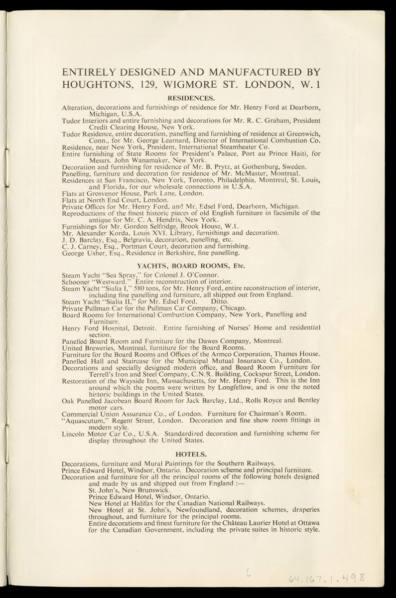 Houghton Studio Catalog, "Houghtons...Design & Manufacture of Decoration, Furniture, Etc.," 1925-1928 / inside back Page with text
