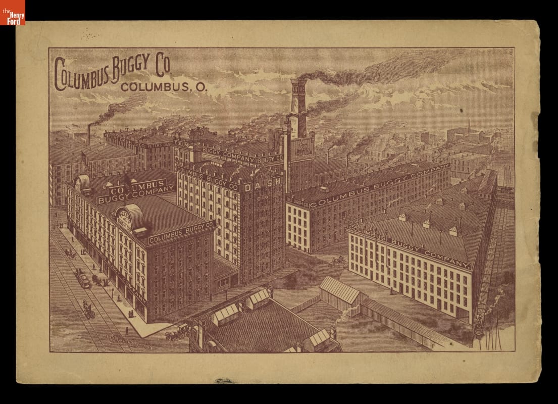 Print of multistory building complex with many chimneys with smoke coming out of them
