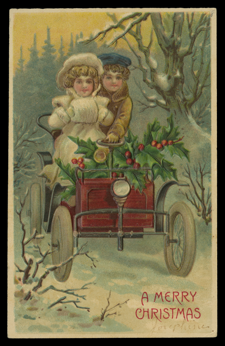 Christmas Greeting Postcard, Couple Riding in an Automobile, 1907-1910 Postcard of two people in an open car decked with holly in a snowy woods