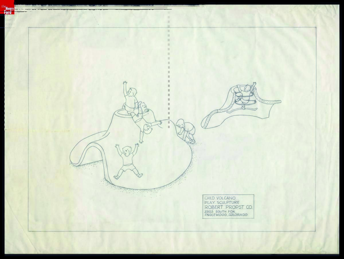 Drawing, "Child Volcano Play Sculpture," 1958-1960 Design line drawing of a organic, sort of dome-shaped structure with an opening at the cone-like top and openings on either side, with children playing on/in it; also contains text