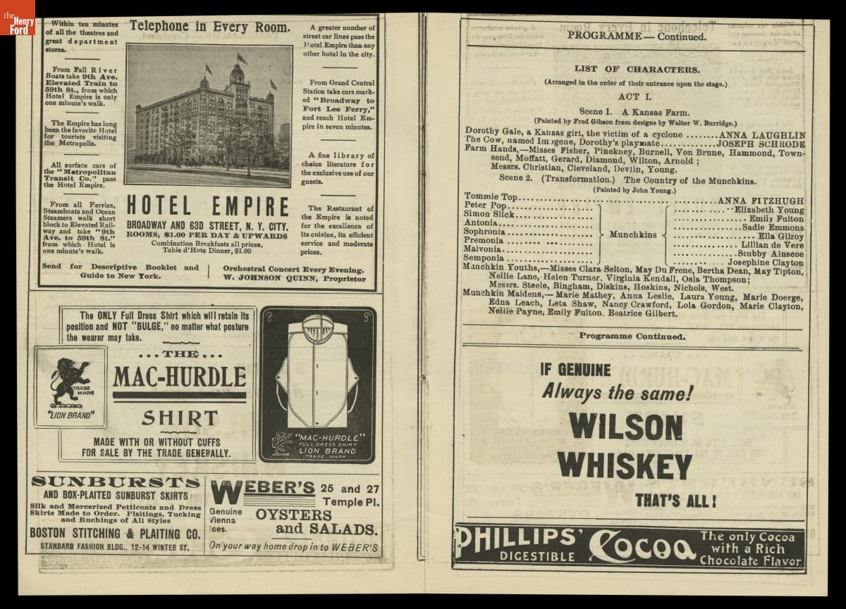 Two pages with "List of Characters, Act I," and ads with images and text