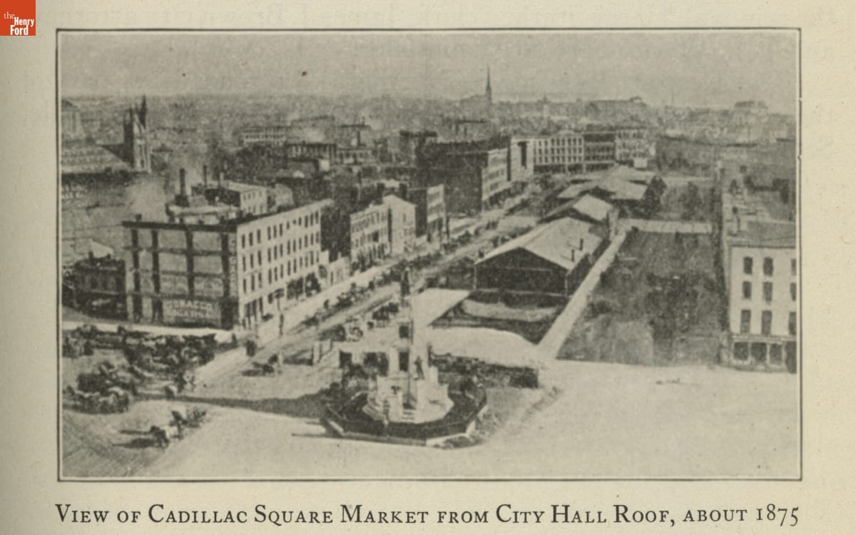 The Story of Detroit, 1926 / page 543, detail Street scene with buildings, people, and horse carriages