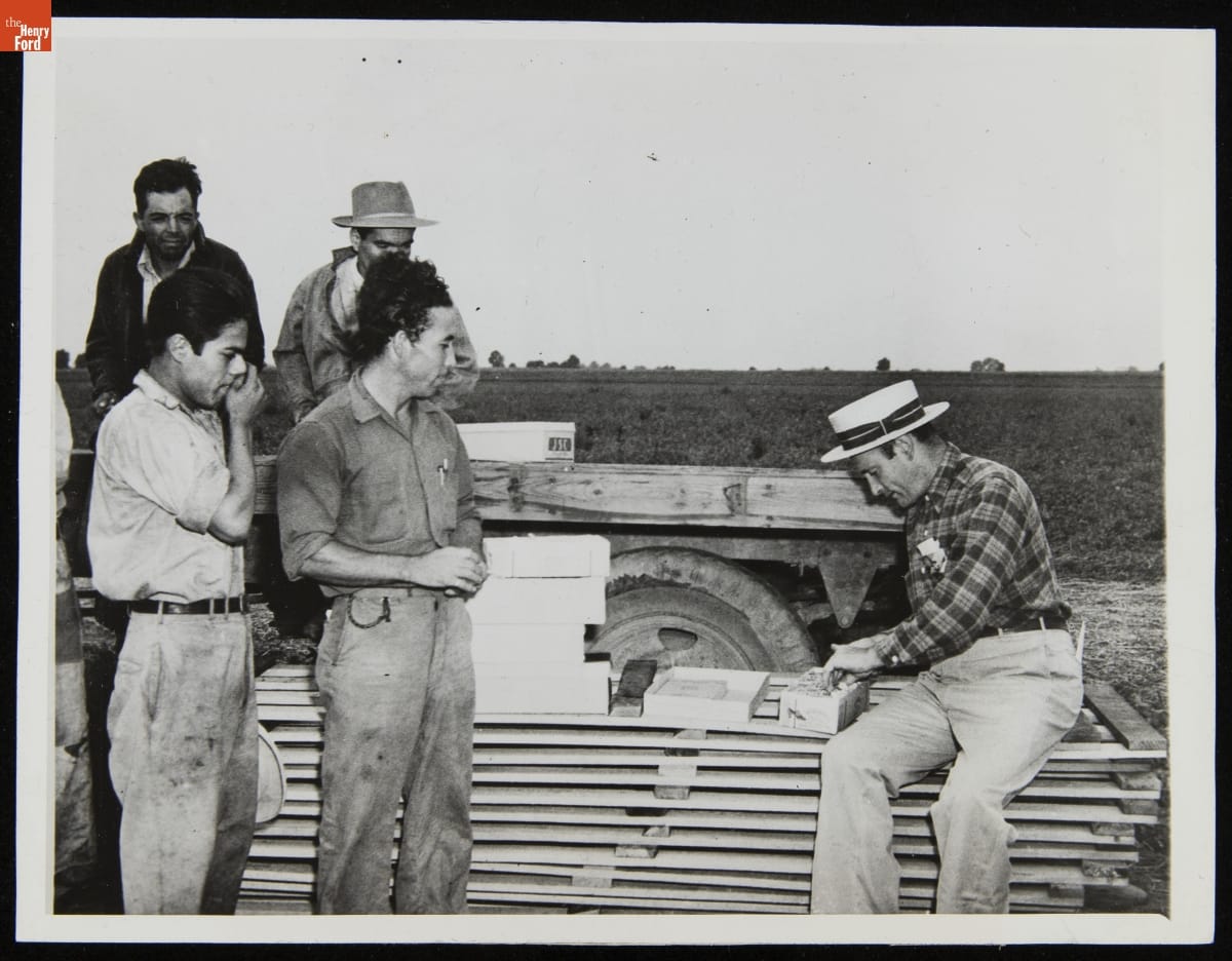 Man sits on a stack of wood or doors with a field behind him, looking in a box; four other men look on