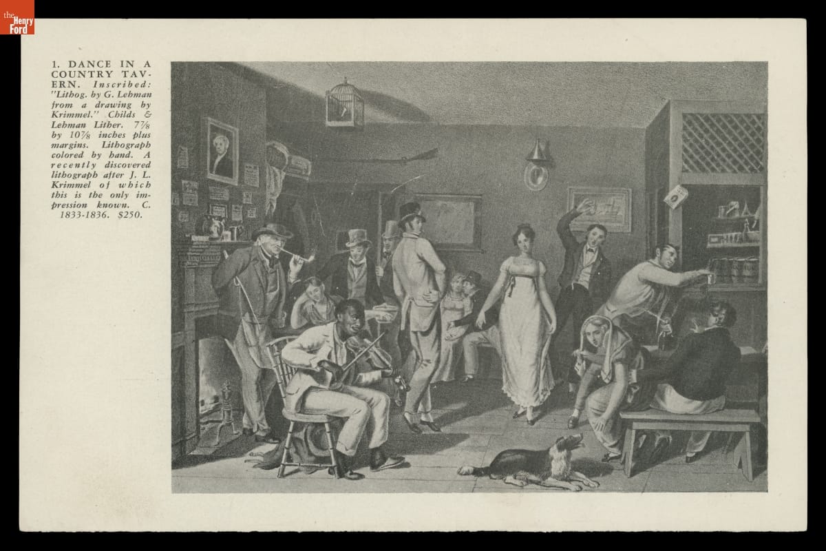 Print of people dancing, playing music, and drinking in a barroom with a fireplace; also contains text